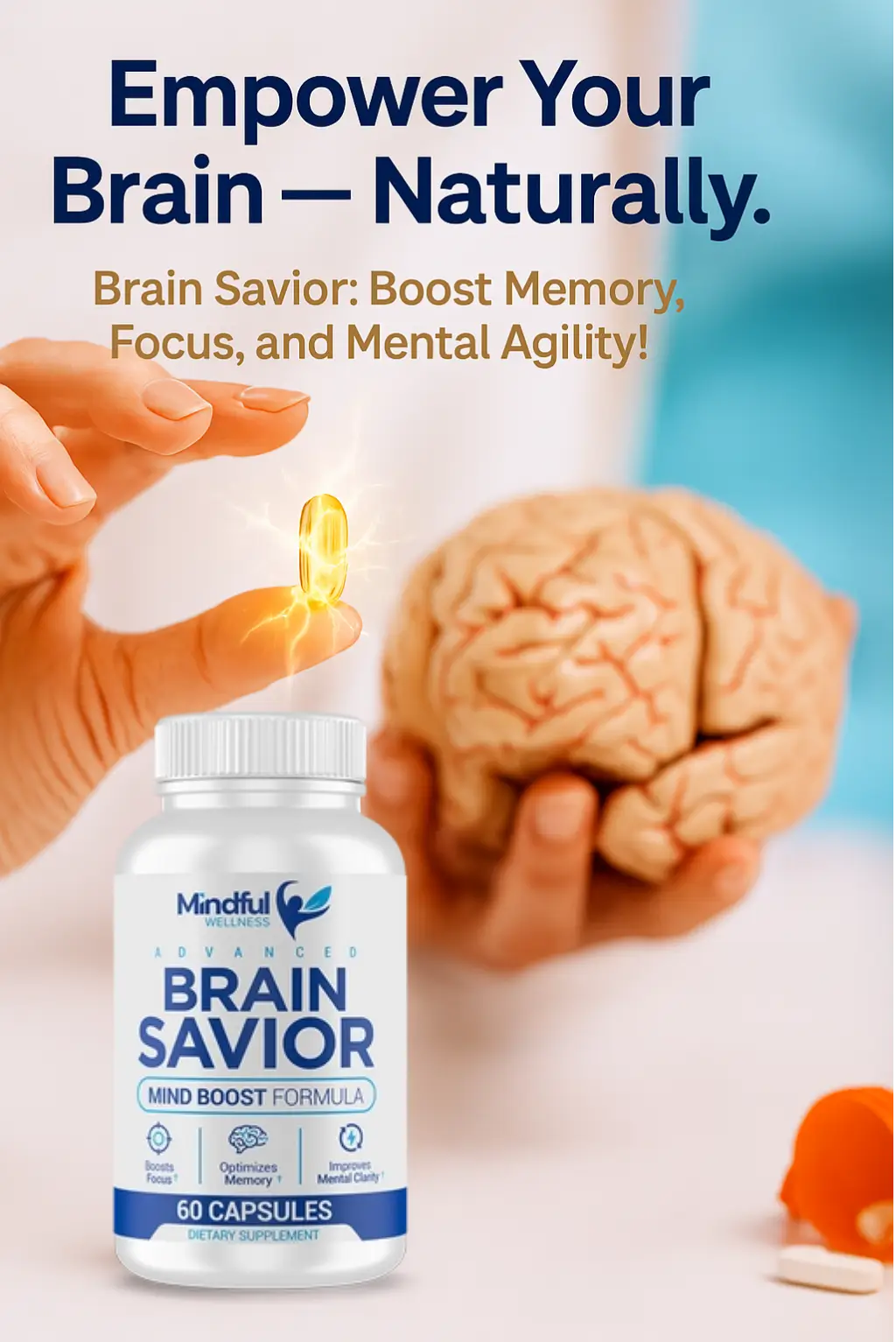 Empower your brain naturally promotional hero image featuring Brain Savior supplement bottle and brain visual