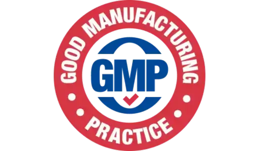 GMP (Good Manufacturing Practice) red and blue certification badge