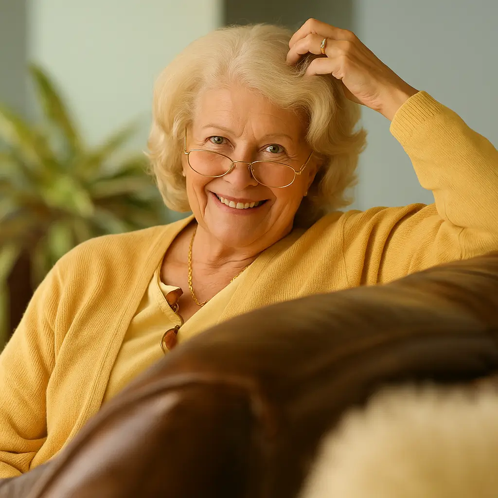 Testimonial image of Linda Miller, 68, from Dallas, Texas, USA, smiling in a yellow sweater